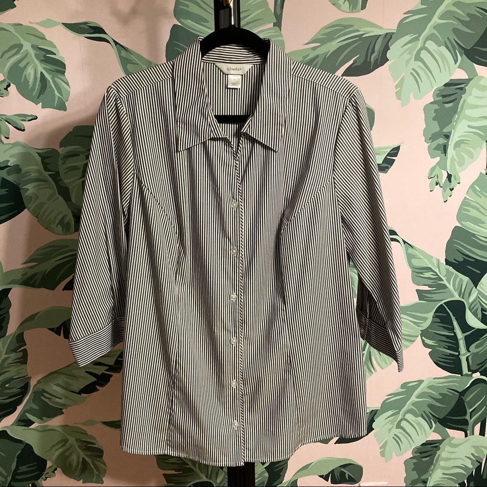 CJ Banks Black & White Stripe 1X Button Down Blouse with 3/4 Sleeves